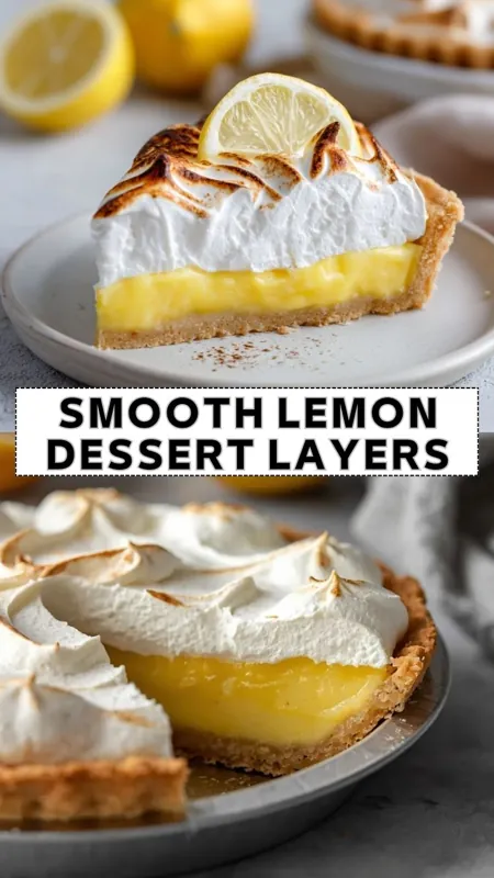 lemon dessert layers with creamy lemon filling, toasted meringue topping, and buttery crust slice