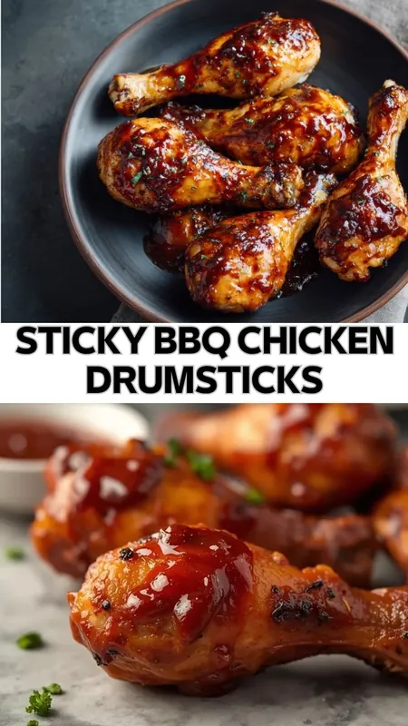 sticky bbq chicken drumsticks glazed with sauce and cooked until caramelized