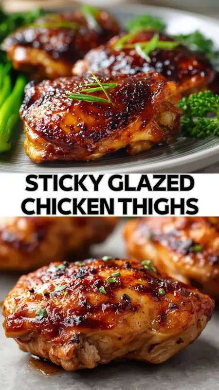 Sticky Glazed Chicken Thighs – Juicy, Sweet & Savory Dinner Recipe sticky glazed chicken thighs with caramelized sauce and herbs served with broccoli on plate