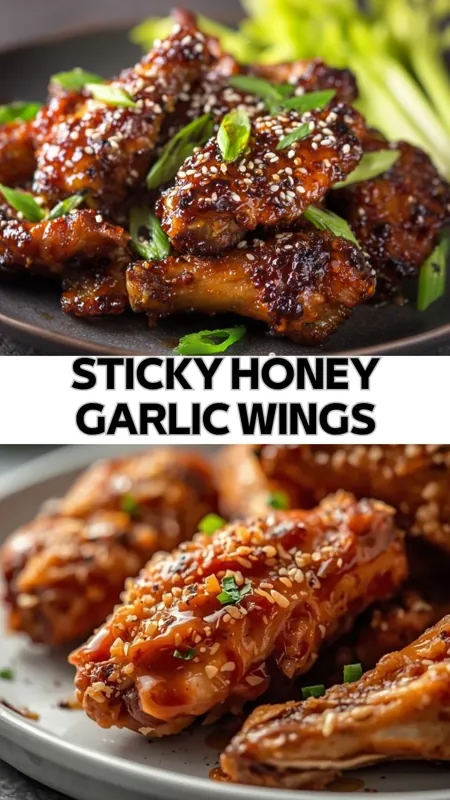 Sticky Honey Garlic Wings – Sweet & Savory Chicken Recipe sticky honey garlic chicken wings glazed with sauce, sesame seeds, and green onions