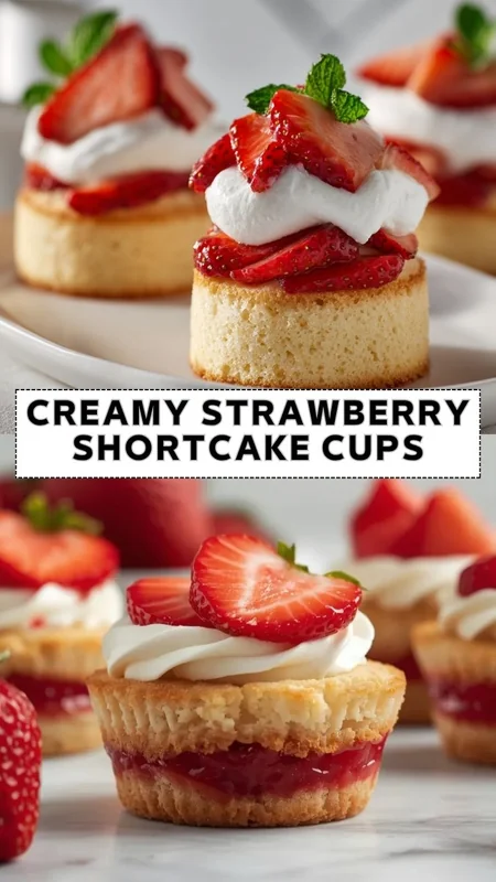 Creamy Strawberry Shortcake Cups – Easy Mini Dessert Recipe creamy strawberry shortcake cups with whipped cream and fresh sliced strawberries on mini sponge cakes