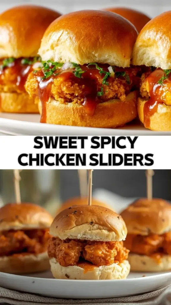 Sweet Spicy Chicken Sliders – Crispy, Saucy & Easy Party Recipe sweet spicy chicken sliders with crispy fried chicken and sauce on soft buns