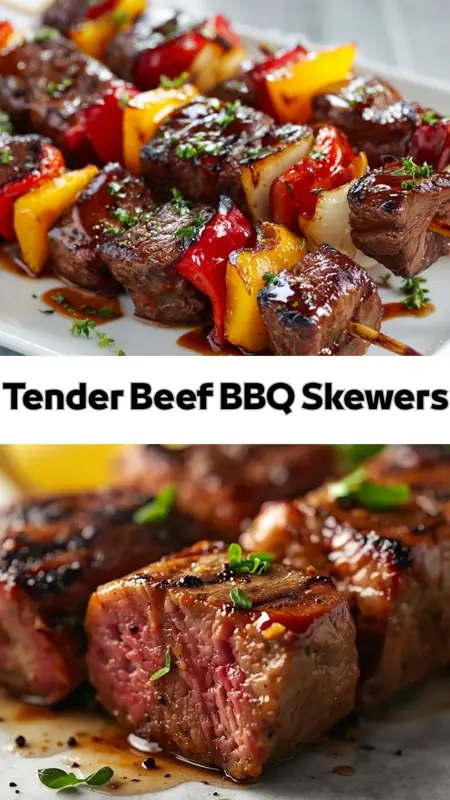 Tender beef BBQ skewers with grilled bell peppers and onions, glazed and juicy steak cubes on skewers