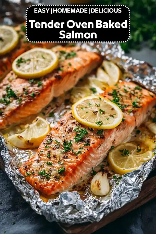 Tender Oven Baked Salmon – Easy Juicy Salmon Recipe tender oven baked salmon with lemon slices garlic and herbs in foil