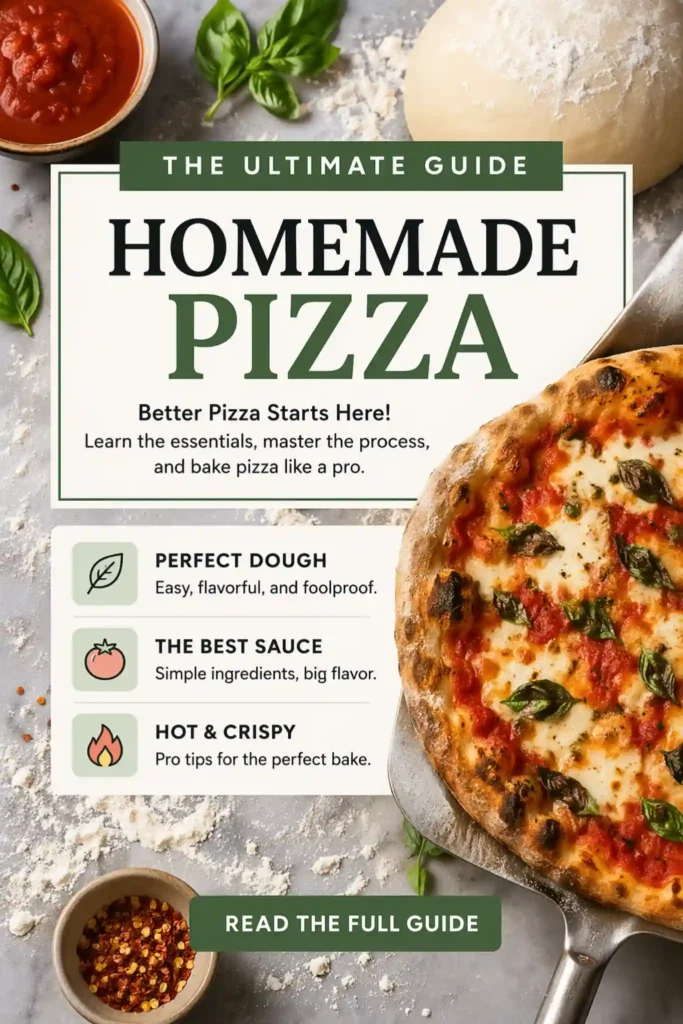 homemade pizza with fresh basil tomato sauce and melted cheese alongside dough and ingredients