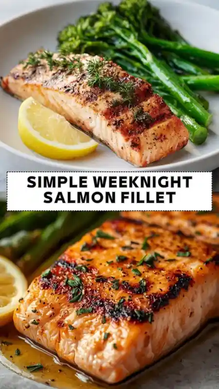 grilled salmon fillet with lemon and broccolini seasoned with herbs on plate