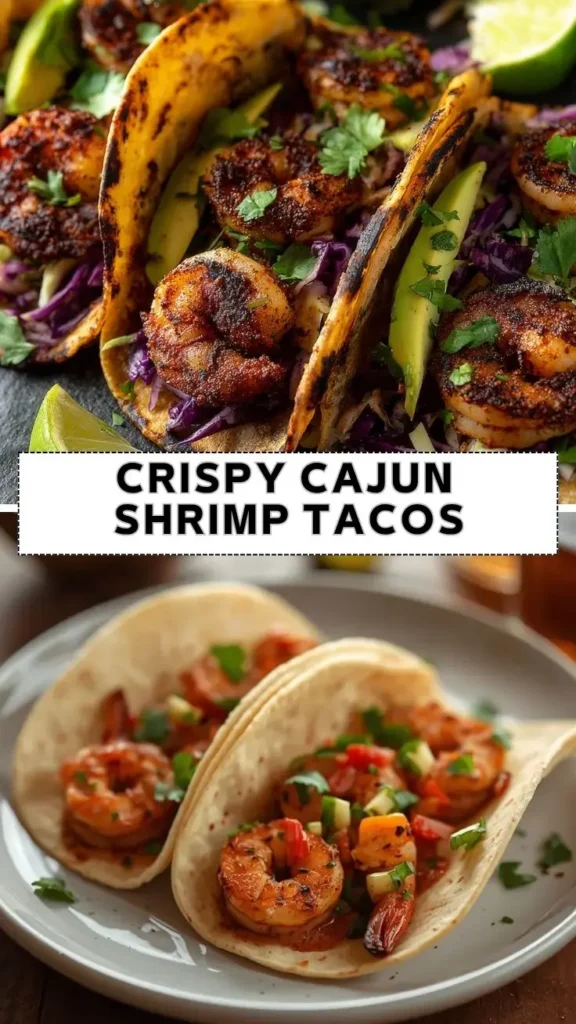 Crispy Cajun Shrimp Tacos with Avocado Slaw Crispy Cajun shrimp tacos with avocado, purple cabbage slaw, cilantro, and lime wedges
