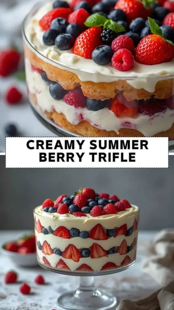 Creamy Summer Berry Trifle Dessert Recipe Creamy summer berry trifle layered with strawberries, blueberries, raspberries, whipped cream, and sponge cake