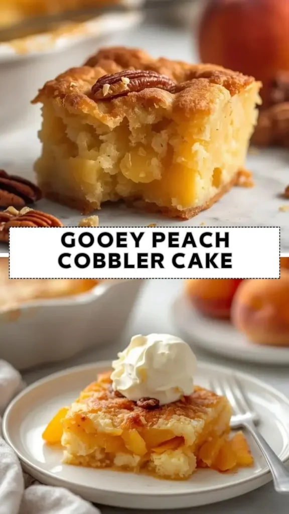 Gooey peach cobbler cake topped with whipped cream and baked peach filling
