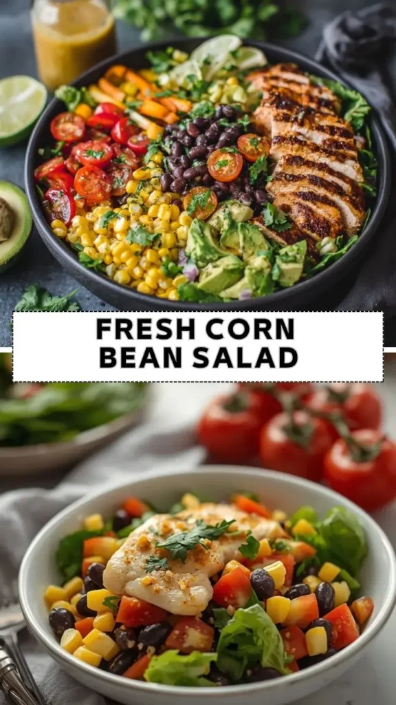 Fresh corn and black bean salad with grilled chicken, avocado, tomatoes, and cilantro