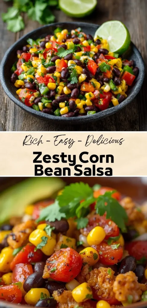 Zesty corn and black bean salsa with tomatoes, cilantro, peppers, and lime
