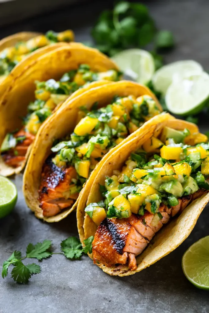 Grilled Salmon Tacos with Mango Avocado Salsa Grilled salmon tacos topped with fresh mango avocado salsa, cilantro, and lime wedges