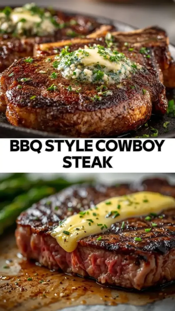 BBQ Style Cowboy Steak with Garlic Herb Butter BBQ style cowboy steak with herb butter melting on grilled beef and seared crust