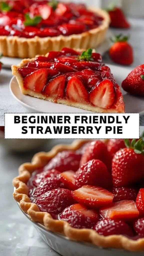 Beginner Friendly Strawberry Pie with Fresh Glazed Strawberries Beginner friendly strawberry pie with fresh glazed strawberries and flaky crust on a dessert plate