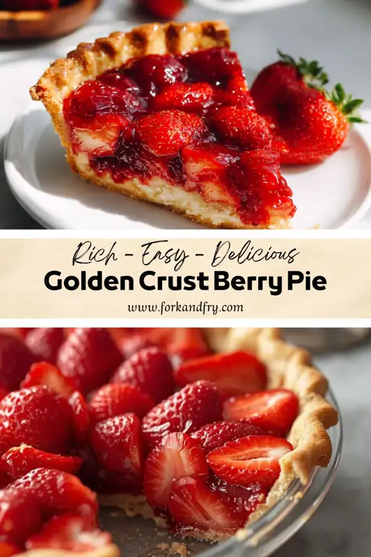 strawberry berry pie slice with glossy filling and golden crust on white plate