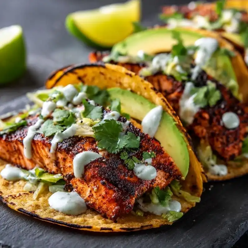 Blackened Salmon Avocado Tacos – Easy Seafood Taco Recipe Blackened salmon tacos with avocado slices, cilantro, creamy sauce, and crispy corn tortillas