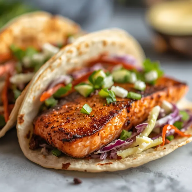 Golden Blackened Salmon Fish Tacos with Creamy Slaw