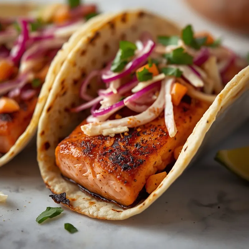 Smoky Blackened Salmon Tacos with Crunchy Slaw Smoky Blackened Salmon Tacos with Crunchy Slaw