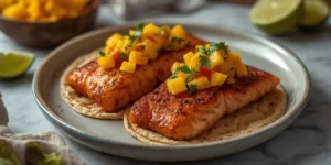 Spicy Blackened Salmon Tacos with Sweet Mango Salsa