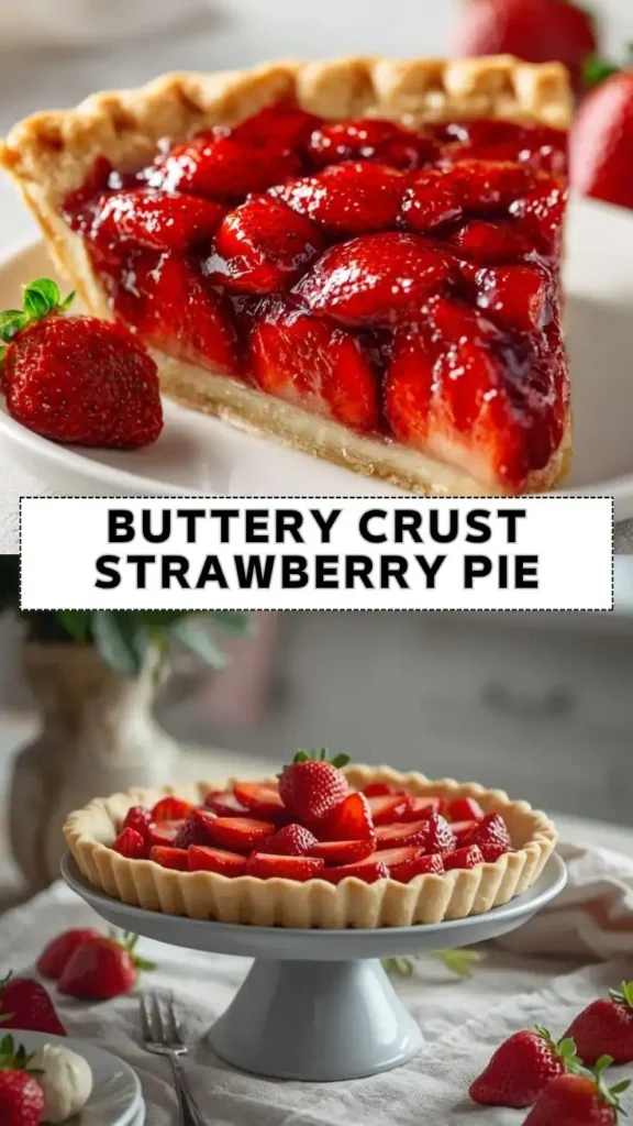 Buttery Crust Strawberry Pie with Fresh Juicy Strawberries Buttery crust strawberry pie with glossy fresh strawberries and flaky pastry on a serving plate