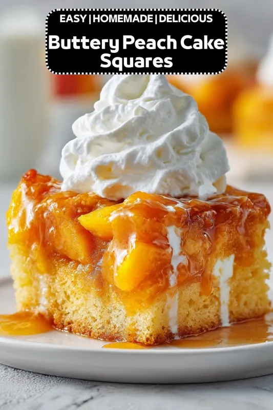 Buttery Peach Cake Squares – Easy Homemade Peach Dessert Buttery peach cake squares topped with warm peach glaze and whipped cream on a dessert plate