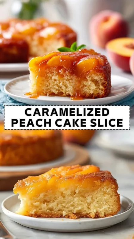 Caramelized peach cake slice with tender vanilla cake and glossy peach topping served on a dessert plate