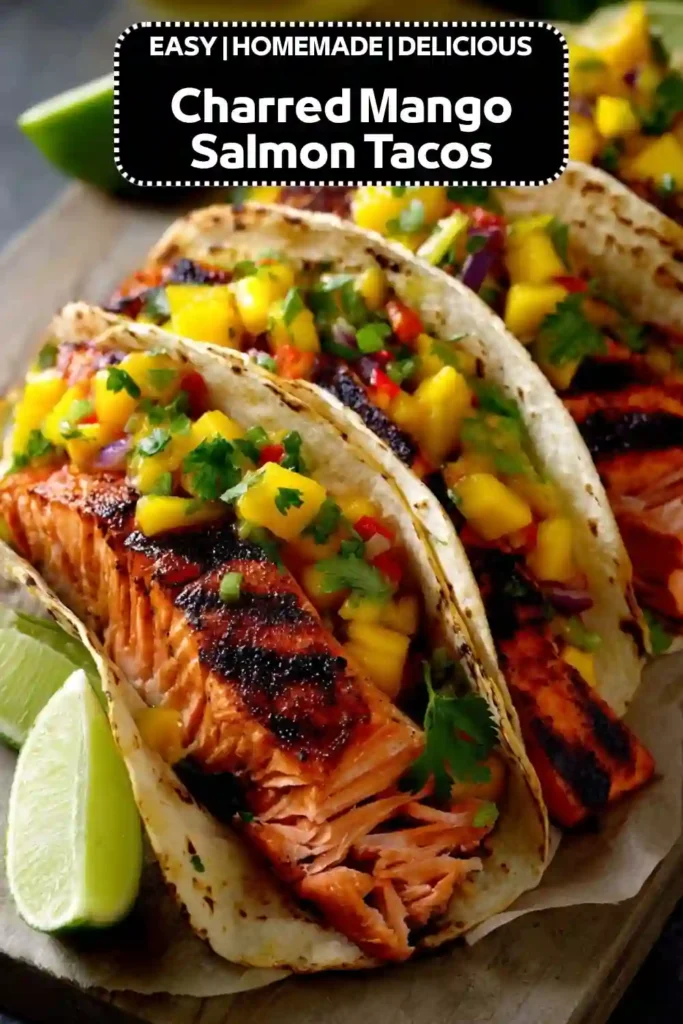 Charred Mango Salmon Tacos with Fresh Mango Salsa Charred salmon tacos topped with fresh mango salsa, cilantro, and lime wedges in grilled tortillas