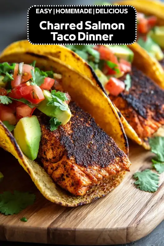 Charred salmon tacos with avocado, fresh pico de gallo, cilantro, and crispy taco shells