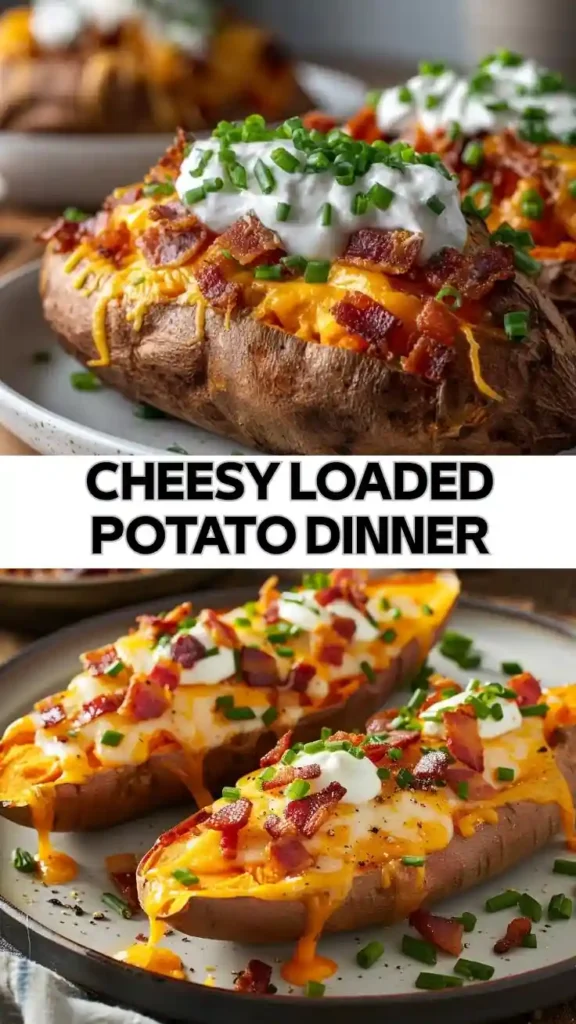 Cheesy loaded baked sweet potatoes topped with bacon, sour cream, green onions, and melted cheese