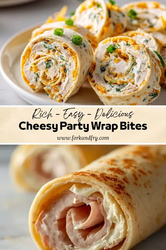 Cheesy Party Wrap Bites – Easy Make-Ahead Appetizer Cheesy party wrap bites filled with creamy chicken, cheddar cheese, and herbs sliced into bite-sized pinwheels