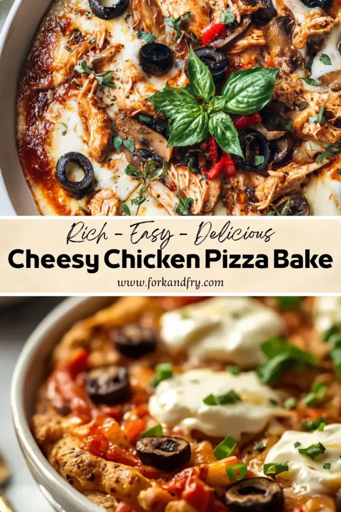 Cheesy Chicken Pizza Bake Recipe Cheesy chicken pizza bake with melted mozzarella, black olives, mushrooms, and fresh basil topping
