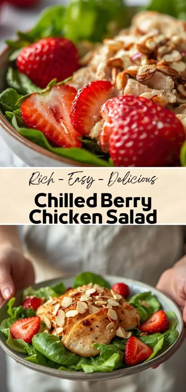 Chilled berry chicken salad with fresh strawberries, spinach, grilled chicken, and sliced almonds