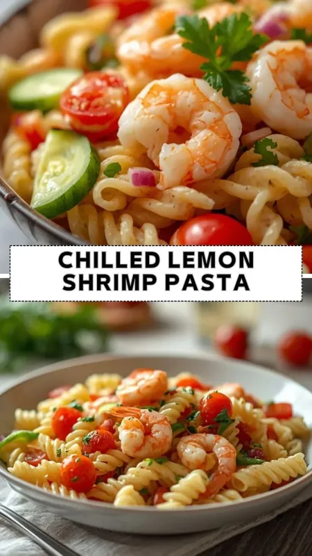 Chilled lemon shrimp pasta with cherry tomatoes, fresh herbs, and spiral pasta in a creamy citrus dressing