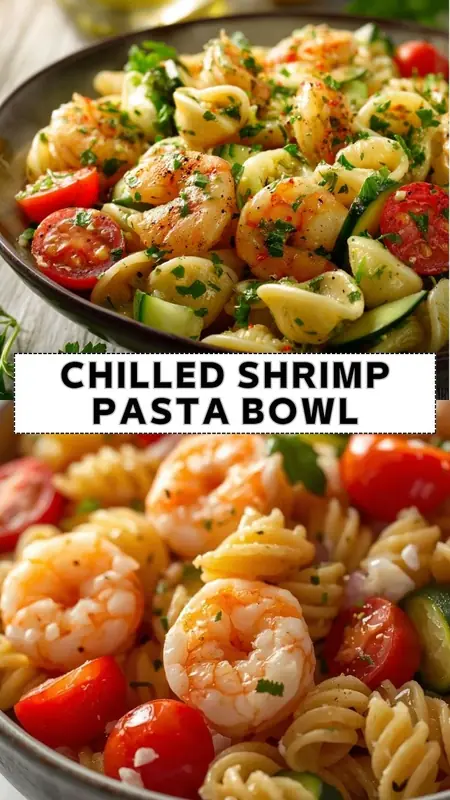 Chilled Shrimp Pasta Bowl for a Fresh Summer Meal Chilled shrimp pasta bowl with shell pasta, cherry tomatoes, cucumber, herbs, and light garlic dressing