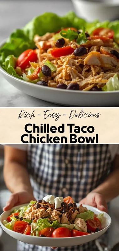 Chilled taco chicken bowl with shredded chicken, black beans, lettuce, cherry tomatoes, and creamy topping