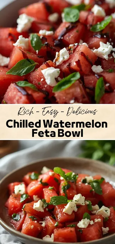 Chilled Watermelon Feta Bowl – Refreshing Summer Salad Recipe Chilled watermelon feta bowl with fresh mint leaves, crumbled feta cheese, and balsamic glaze