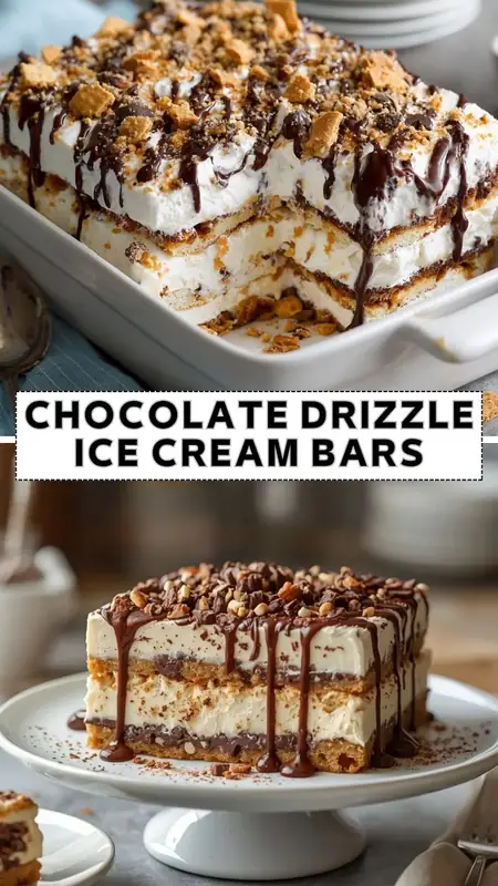 Chocolate drizzle ice cream bars layered with creamy filling, cookie crust, and crunchy chocolate topping