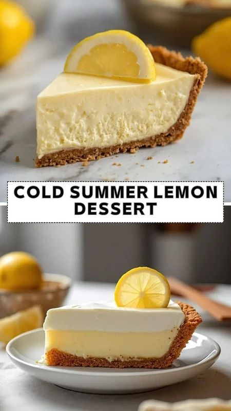Cold Summer Lemon Dessert with Creamy Citrus Filling Cold summer lemon dessert slice with creamy lemon filling and buttery graham cracker crust