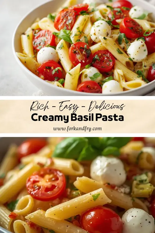 Creamy basil pasta with cherry tomatoes, mozzarella balls, and fresh basil in a white bowl
