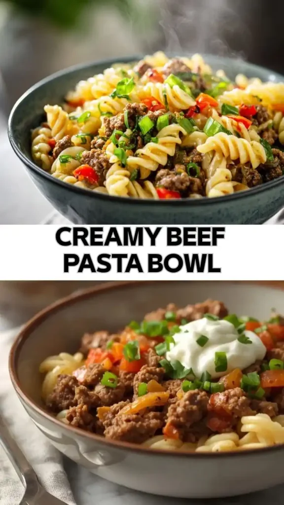 Easy Creamy Beef Pasta Bowl Recipe Creamy beef pasta bowl with rotini pasta, ground beef, green onions, peppers, and sour cream garnish