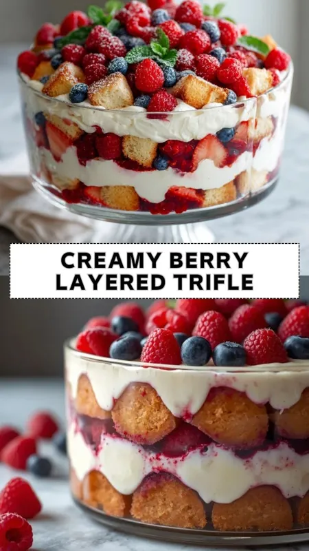 Creamy berry layered trifle with whipped cream, sponge cake cubes, raspberries, blueberries, and strawberries in a glass dessert bowl