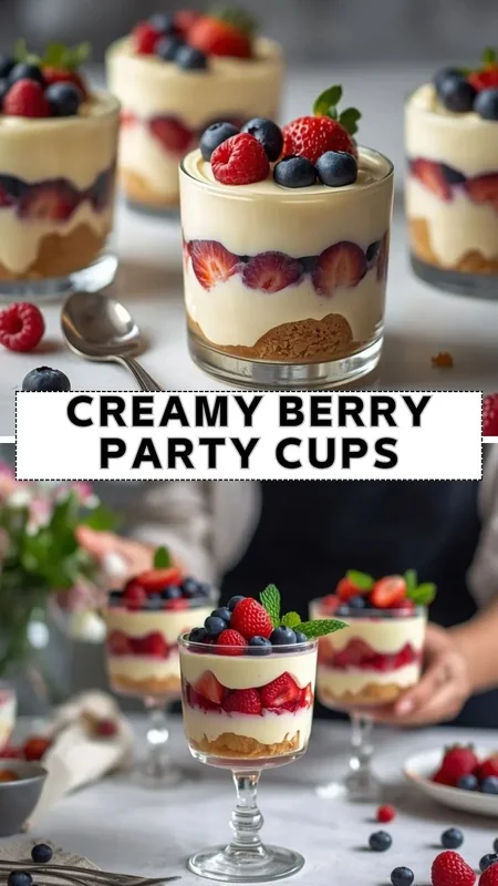 Creamy berry dessert cups layered with strawberries, blueberries, raspberries, and smooth vanilla cream in glass cups