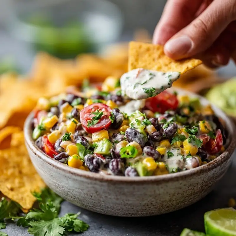 Creamy Black Bean Corn Dip with Avocado and Tortilla Chips Creamy black bean corn dip with tomatoes, avocado, cilantro, and tortilla chips