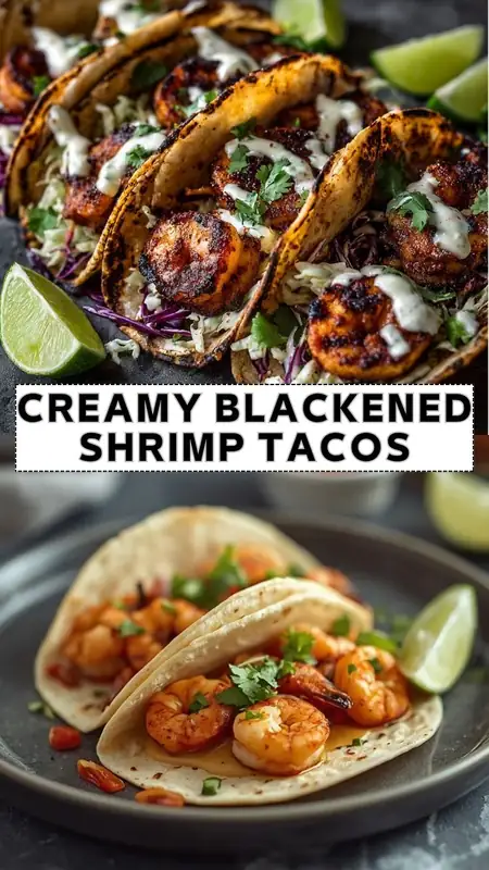 Creamy blackened shrimp tacos topped with crunchy cabbage slaw, cilantro, and creamy sauce on toasted tortillas