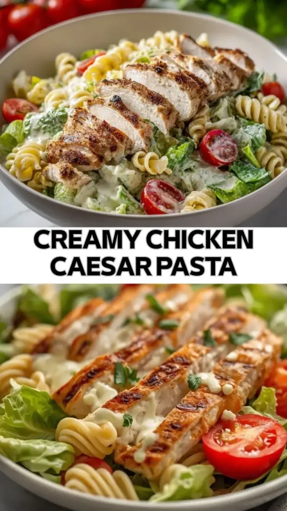 Creamy chicken Caesar pasta with grilled chicken slices, rotini, romaine lettuce, cherry tomatoes, and Caesar dressing