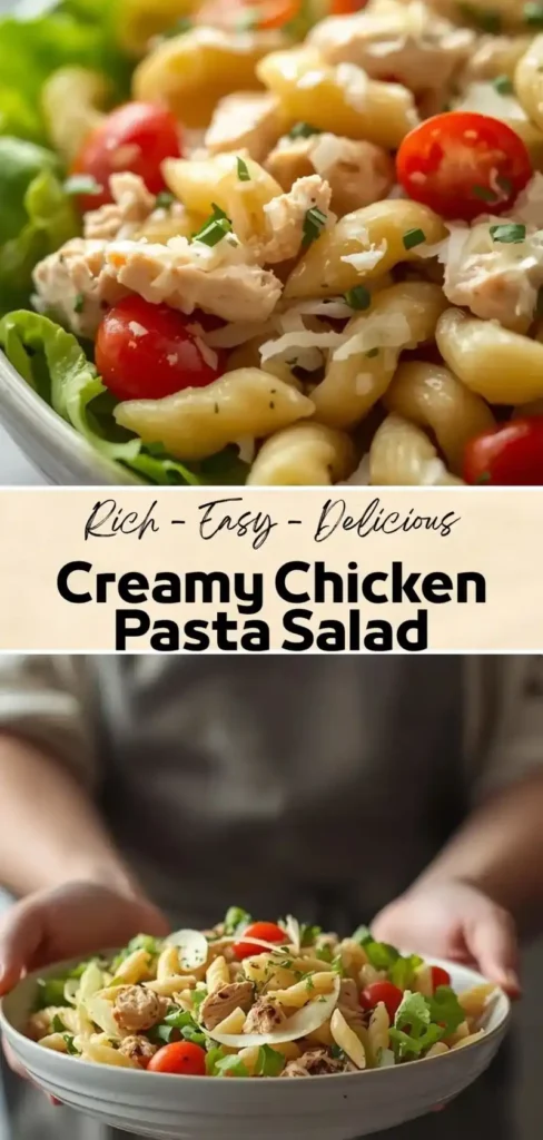 Creamy Chicken Pasta Salad Recipe for Easy Meal Prep Lunches Creamy chicken pasta salad with shell pasta, cherry tomatoes, parmesan, and fresh herbs