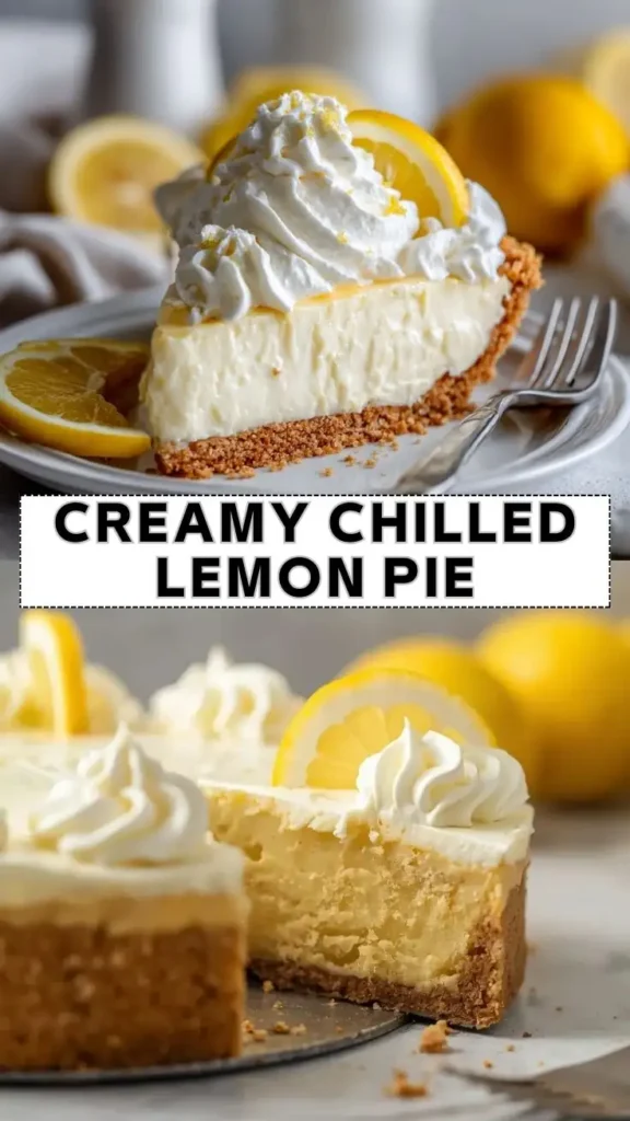 Creamy Chilled Lemon Pie Dessert Creamy chilled lemon pie topped with whipped cream and lemon slices on a graham cracker crust