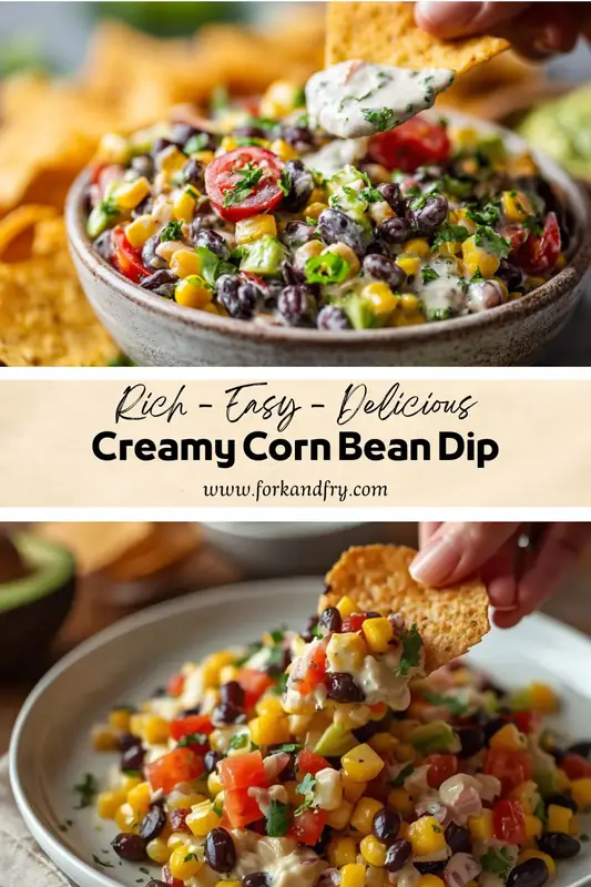 Creamy Corn Bean Dip with Black Beans and Fresh Vegetables Creamy corn bean dip with black beans, tomatoes, avocado, and tortilla chips