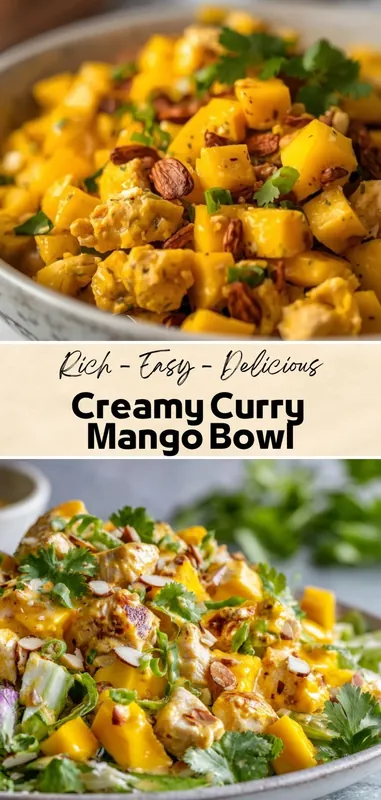 Creamy curry mango bowl with juicy mango cubes, seasoned chicken, almonds, fresh herbs, and creamy curry dressing