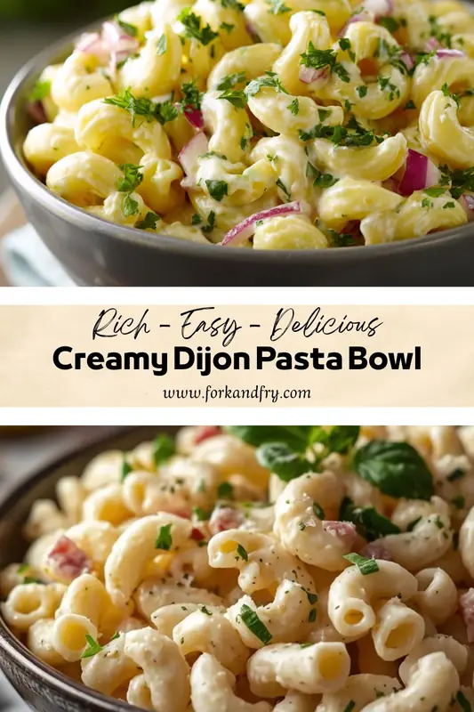 Creamy Dijon pasta bowl with macaroni, red onions, and fresh parsley in a rich mustard sauce